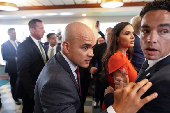 Former president Donald Trump’s valet Walt Nauta, centre, visits a Miami restaurant after the pair appeared in a Miami court last month.