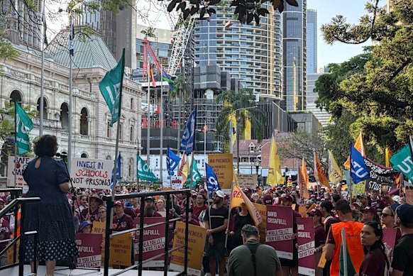 QTU general secretary Kate Ruttiman speaking to gathered teachers outside Parliament House in Brisbane.
