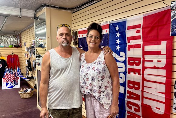 Trump lovers Karyn and Bill Robbins from Tennessee at the Trump Superstore in Knoxville.
