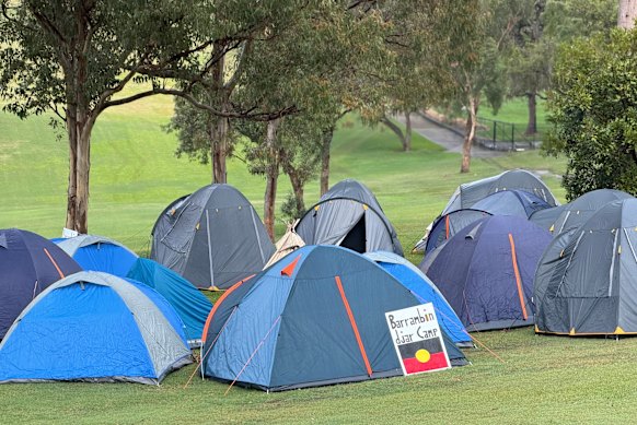 A First Nations camp protesting the planned stadium in Victoria Park