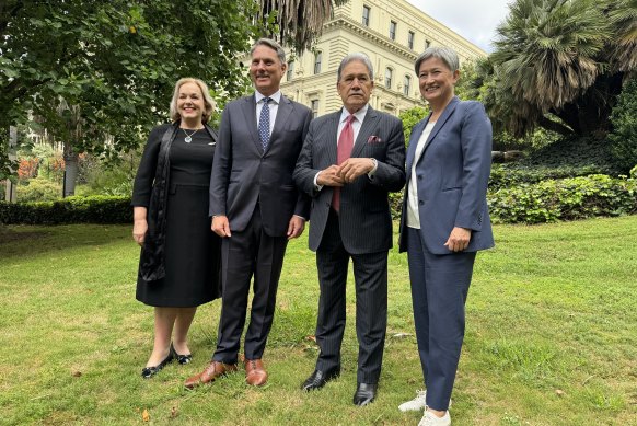 (From left) New Zealand Defence Minister Judith Collins, Australia Defence Minister Richard Marles, New Zealand Foreign Minister Winston Peters and Australia Foreign Minister Penny Wong at Treasury Gardens, Melbourne.