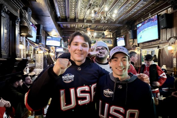 Miles Graham and Luke Cashion, both 21 and from Washington, DC, were booed at McLean’s Pub in downtown Montreal before the US-Canada hockey game.