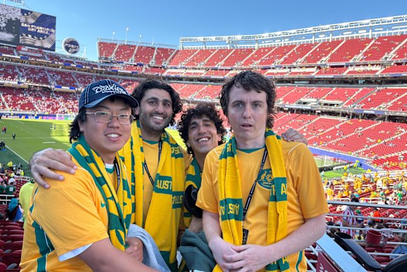 Aaron Chen at the Socceroos v Paraguay game in Santa Clara, with fellow comedians (from right) Sam Campbell and Ray Badran, and Ray’s brother Alex, who got them their tickets.