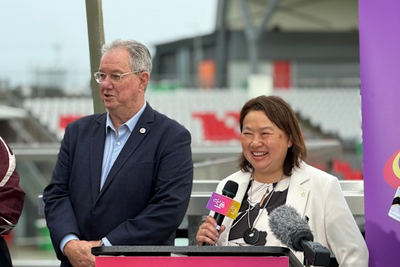 Moreton Bay Mayor Peter Flannery and Softball Australia CEO Sarah Loh at Kayo Stadium on Tuesday.