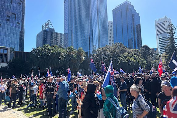 Anti-immigration protesters gather at the Supreme Court Gardens in Perth.