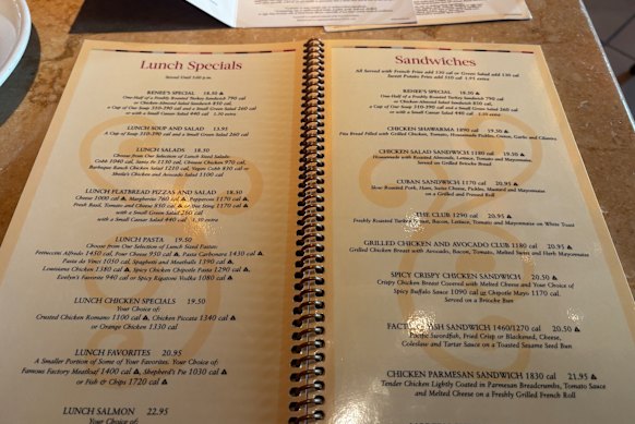 The menu, or “the Bible”, extends to 22 pages of burgers, pastas, steaks, salads, drinks and more.