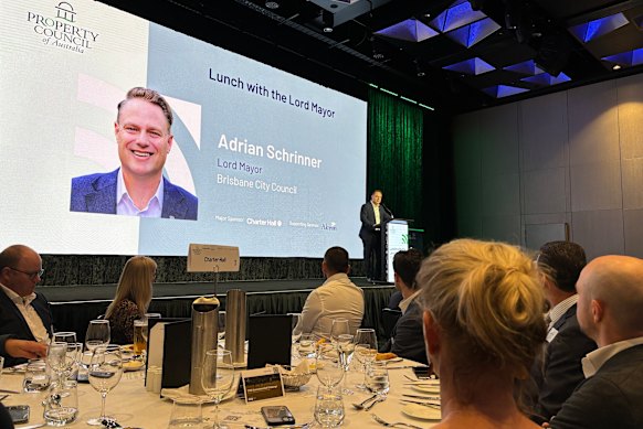 Lord Mayor Adrian Schrinner speaks at a Property Council of Australia lunch in Brisbane on Wednesday. 