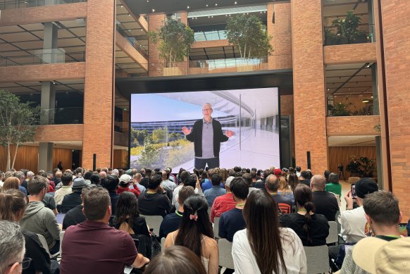 Apple chief executive Tim Cook appears in a video at Apple’s Battersea headquarters in the UK, to introduce the new iPads.