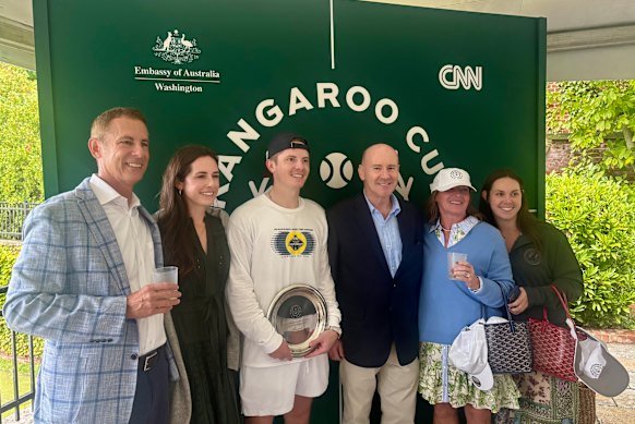 Australian ambassador to the US Greg Moriarty (third from right) with the winners of the 2026 Kangaroo Cup at the ambassador’s residence in Washington.