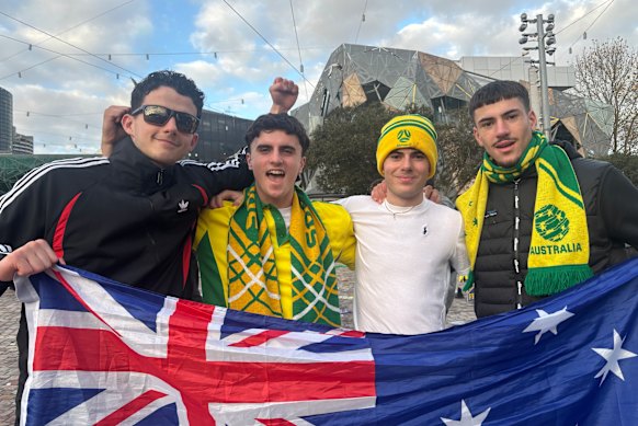 Friends Jason Papillo, Jack Zammit, Jack Condello, Jesse Noviello celebrate the Socceroos’ World Cup win at Federation Square.