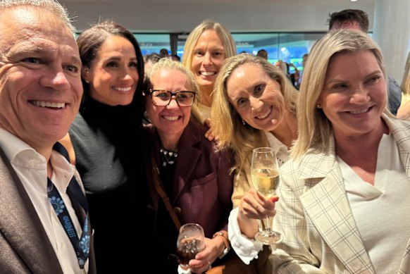 From left to right: Nine CEO Matt Stanton, Meghan, Narelle Stock, wife of Jefferies Australia CEO Michael Stock, Sarah Stanton, wife of Matt, and Suzie Laundy, wife of former Liberal MP Craig Laundy.