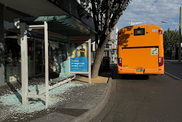 One of the bus shelters near the scene of the shooting that had their glass panels smashed on Friday.
