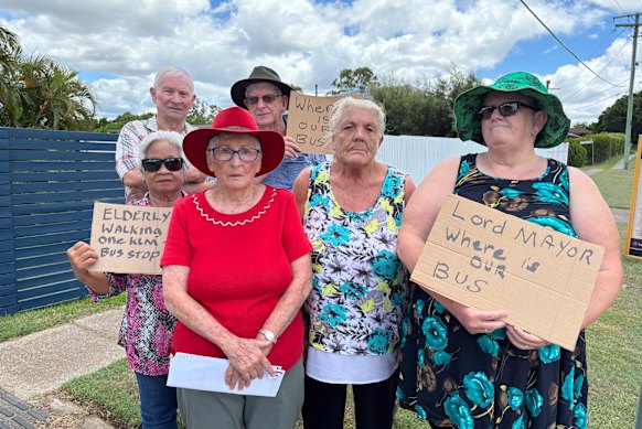 Acacia Ridge residents protest against bus changes on Thursday at the Gregory Street “ghost stop”. 