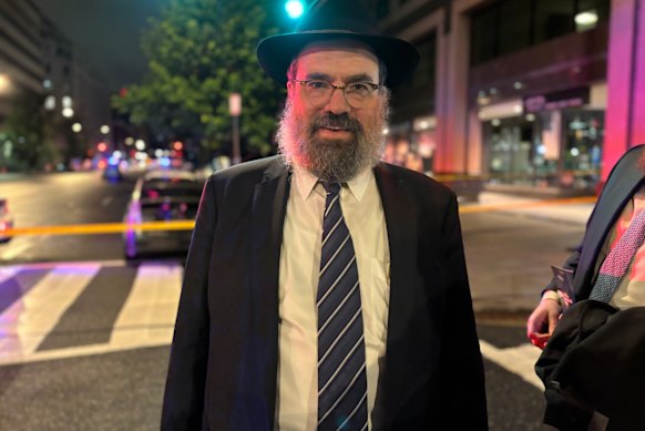 Rabbi Levi Shemtov at the scene where two Israeli staff members were shot dead outside the Capital Jewish Museum.