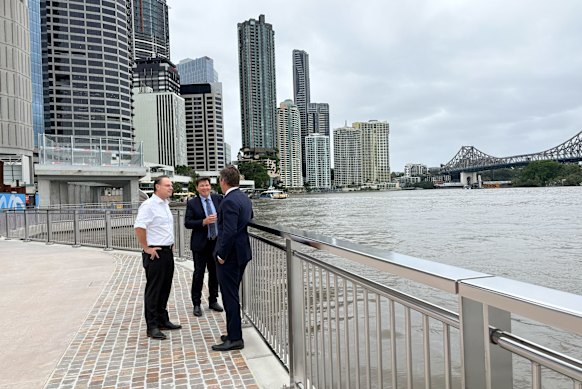 Schrinner walks the new path with Dexus CEO Ross Du Vernet and Waterfront Brisbane project director Matthew Beasley.