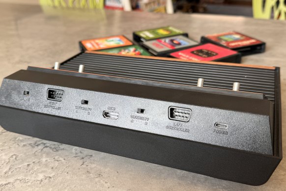 The Atari 2600+ uses controller ports and switches that mimic the original, but swithces in modern power and video plugs.