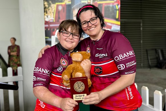 Sam Burgess completed this year’s ride for her son Charlie (left) who suffered burns to 36 per cent of his body as a baby.
