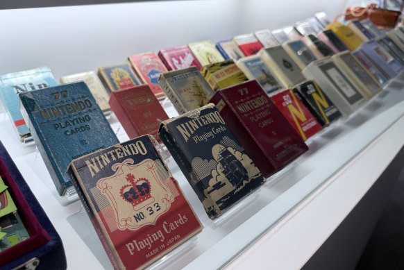 A display of Nintendo card designs from the middle of last century.