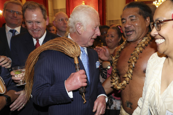 King Charles III, meets former Samoan rugby player Freddie Tuilagi during a reception to celebrate the Commonwealth Diaspora of the United Kingdom, in London on October 2.