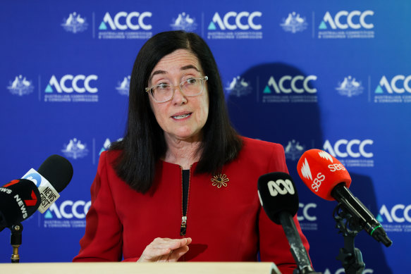 ACCC chair Gina Cass-Gottlieb at a press conference in May.