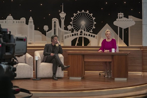 Eric Balfour (left) stars as Ethan Sommers, a controversial guest on Late Night with Deborah Vance.