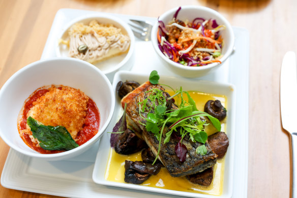 Lunch with Andrew Colvin. Pumpkin, chickpea and chard curry and roasted Cone Bay barramundi with seasonal mushrooms.