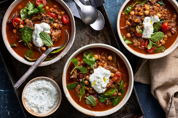 Hearty harira-inspired lamb, chickpea and lentil broth.