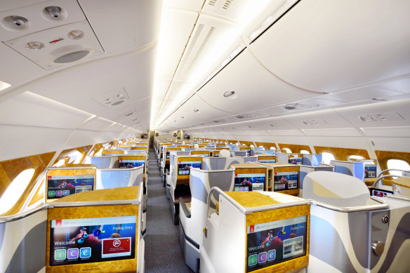 The business cabin on an Emirates A380 and its 1-2-1 seat configuration.