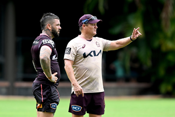 Broncos coach Kevin Walters with captain Adam Reynolds, who will miss this week’s clash with Canberra due to a mild calf strain.