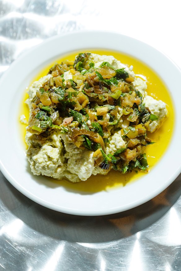 Tirokafteri feta dip with shallots and bullhorn peppers.