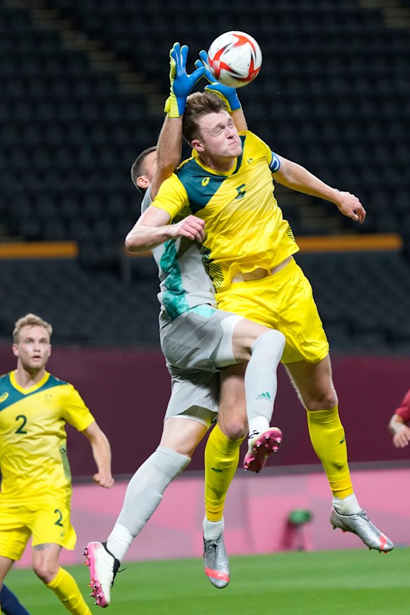 Socceroos centre-back Harry Souttar, right, in action at the Tokyo Olympics. 