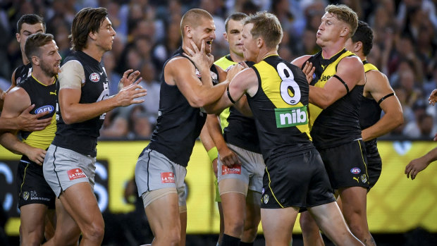 Jack Riewoldt and Liam Jones tangle at the MCG.
