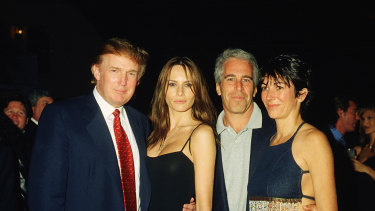 Donald Trump and his then-girlfriend Melania Knauss with Jeffrey Epstein and British socialite Ghislaine Maxwell at Mar-a-Lago in February 2000.