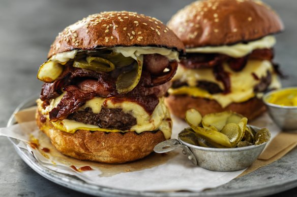 Neil Perry's American cheese and bacon burgers.