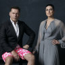 Stefanovic wears a Giorgio Armani jacket and shirt, and Okanui shorts. Abo wears a Giorgio Armani dress and Jimmy Choo shoes.