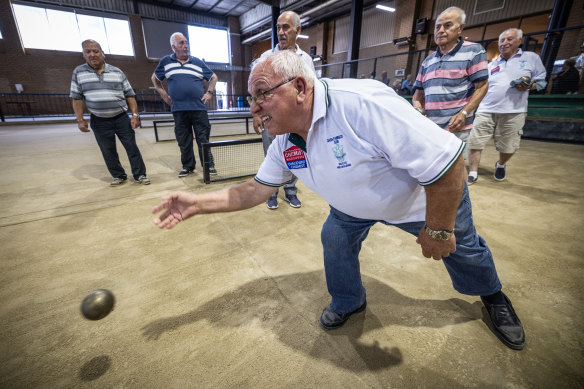 Casa D’Abruzzo Club bocce club president Tony Rizzo and friends play a spirited game each Wednesday night.