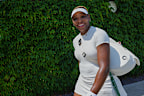 Serena Williams smiles after a training session at the All England Lawn Tennis and Croquet Club.