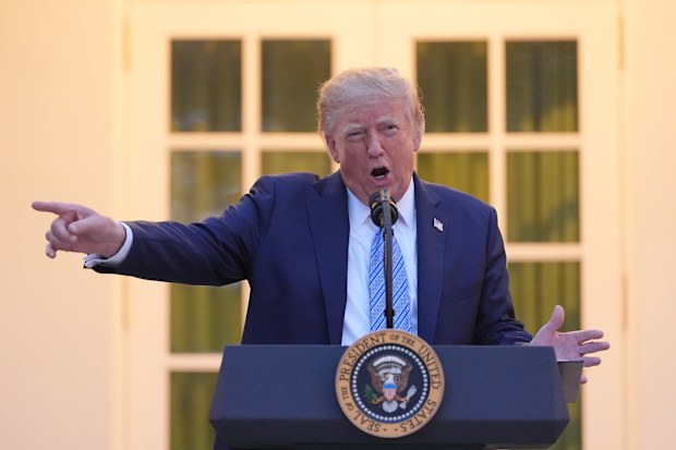 US President Donald Trump speaks during a dinner in the Rose Garden of the White House