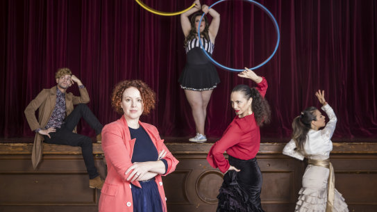 Director of Sydney Fringe Festival, Kerri Glasscock with performers AJ Lamarque, Kiri Pederson with hula hoops, and Flamenco dancers Zoe Velez and Chatty Penalver from Flamenkisimo at Marrickville Town Hall.  