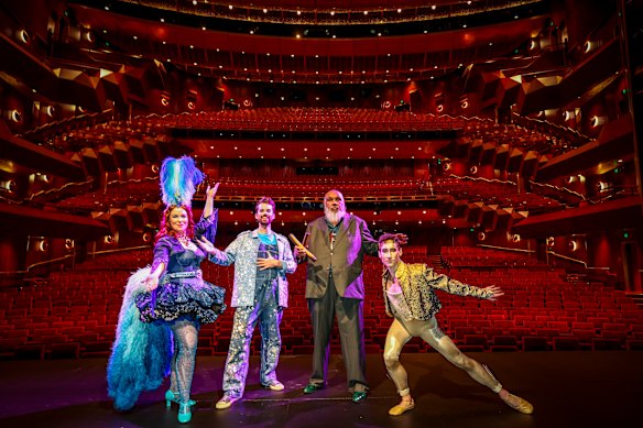 Emily Edmonds, Jeremy Kleeman, Kutcha Edwards and Brett Chynoweth on the renovated State Theatre’s stage at Arts Centre Melbourne.