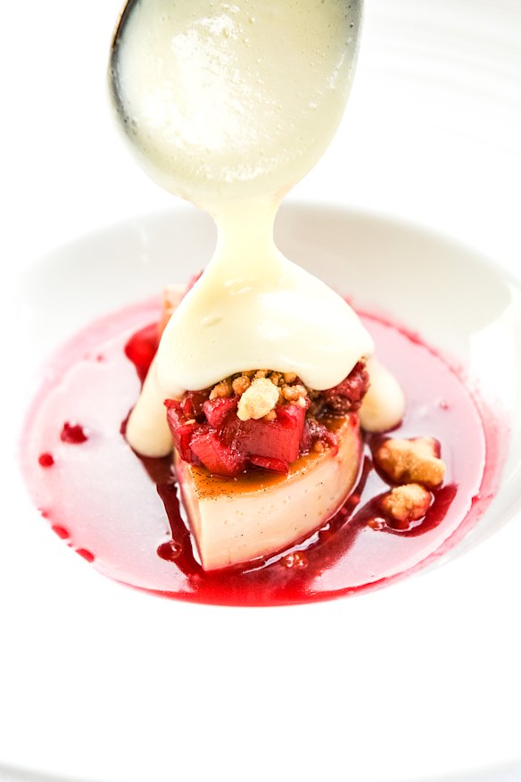 Marco polo tea and vanilla infused creme caramel with rhubarb consomme.