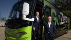 Will Davidson, UHL CEO (left) and Stephen Cartwright, CEO of GoZero, with a GoZero electric bus at Lane Cove bus depot.