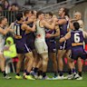 A melee during the 2025 AFL Round 11 match between Walyalup (Fremantle Dockers) and Yartapuulti (Port Adelaide Power) at Optus Stadium on May 24, 2025 in Perth, Australia. 