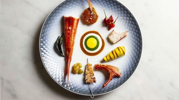 A plate of art. Hand-line caught coral trout and its parts, plated with splashes of colour like an abstract composition by Russian painter Wassily Kandinsky.  