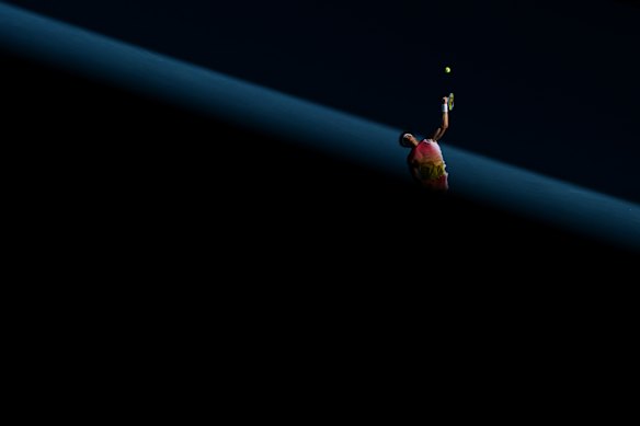 American Ben Shelton serves against Lorenzo Sonego of Italy in the quarter-final.