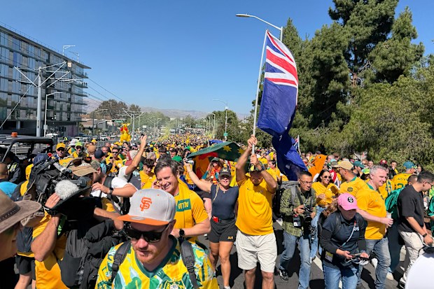 Fans of Australia Socceroos team head to Levi Stadium in Santa Clara, USA, ahead of the World Cup game against Paraguay.