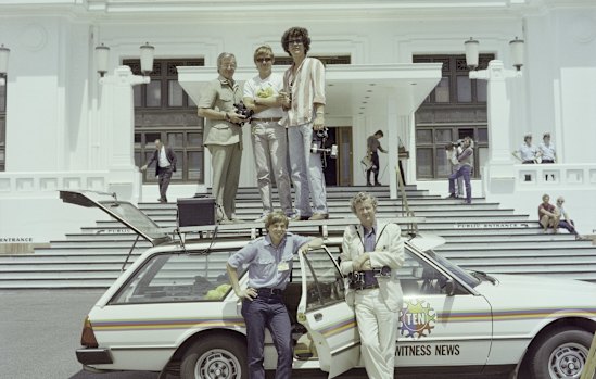 Ten Eyewitness news crew outside Parliament House in 1982.
