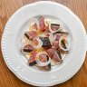 Bonito with palm heart and pomelo.