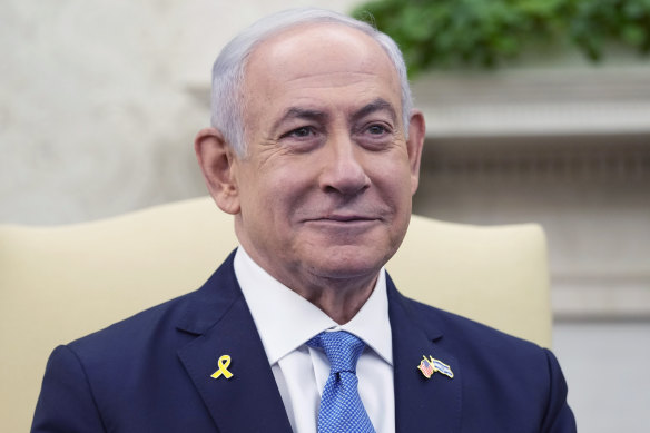 Israeli Prime Minister Benjamin Netanyahu speaks during his meeting with President Joe Biden in the Oval Office.