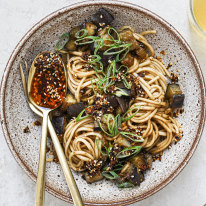 Miso eggplant noodles with crunchy chilli oil.
